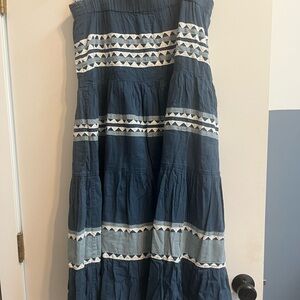 Blue Strapless Maxi Dress with White Accents